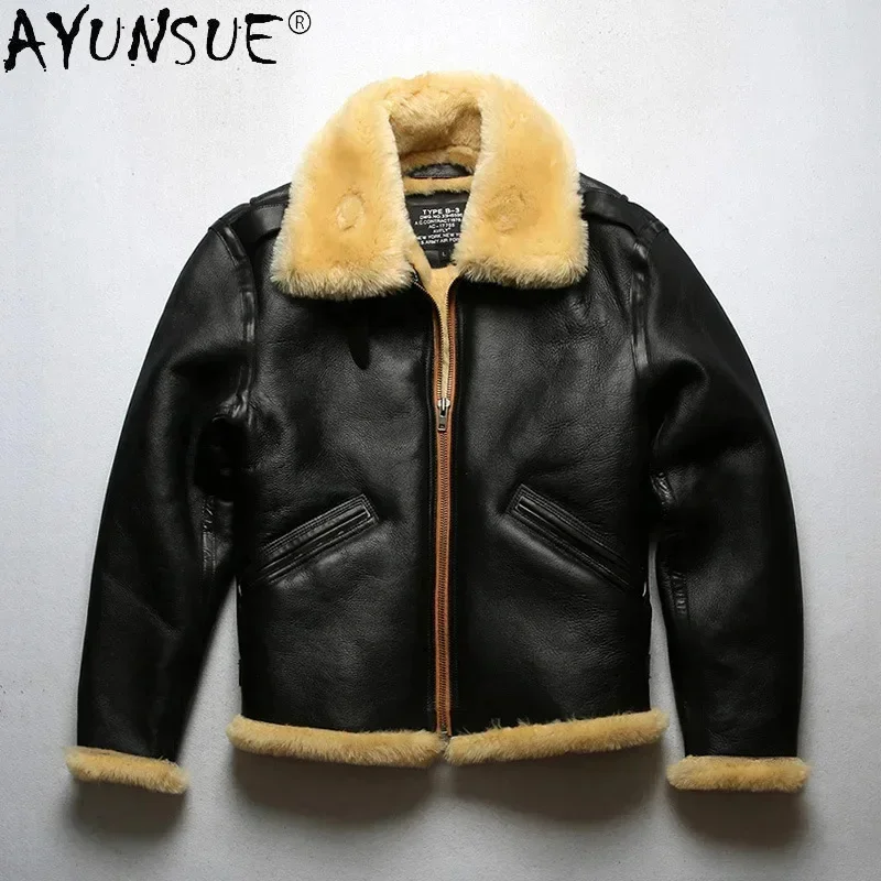 AYUNSUE Winter Jacket Men Clothing Genuine Sheepskin Leather Jackets Man Real Wool Fur Coat Male Motorcycle Clothes Veste LXR908