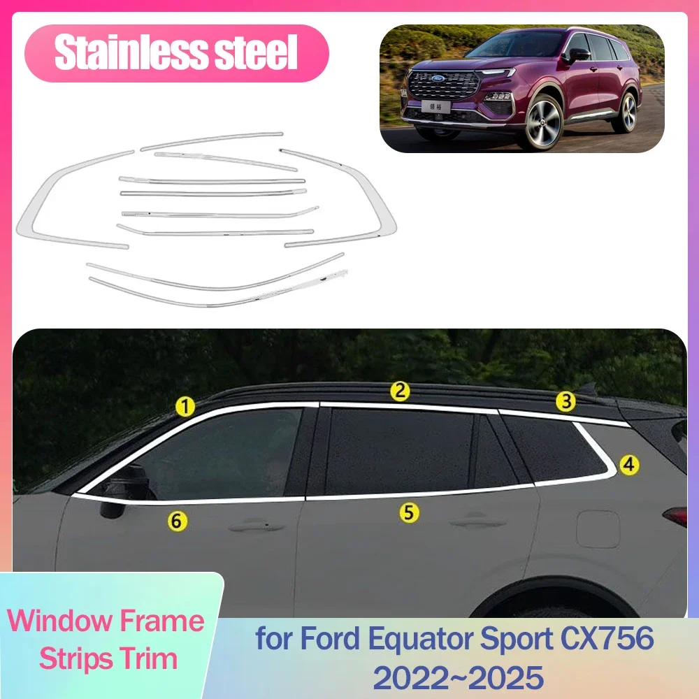 Full Window Frame Strips Trim for Ford Equator Sport CX756 2022~2025 2023 Cover Silver Stainless Steel Car Sticke Accessories