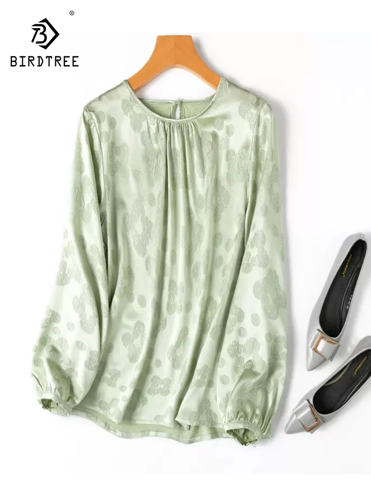 

BirdTree, 22MM 93%Real Silk Elegant T-shirt, Women Lantern Sleeve Jacquard, Versatile Sweet Tops, 2024 Spring Summer T43150QC