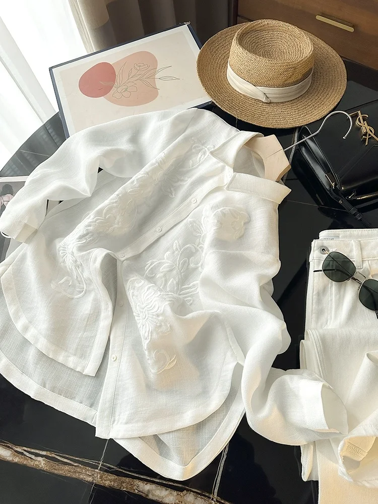 

Ele Simple Heavy Embroidery Long Sve Loose Casual Women's irt Top Self-Kept Commute Sle Korean Version Polyester