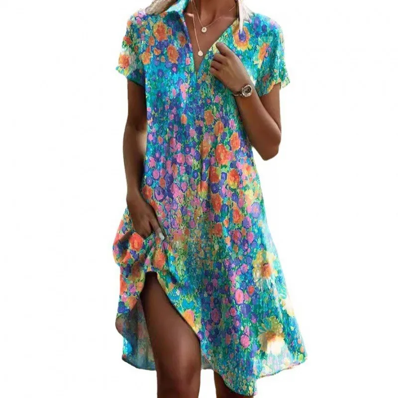 New Summer Women\'s Sexy V-neck Short-sleeved Midi Dress 2024 Fashionable Bohemian Retro Printed Casual Loose Dresses For Women