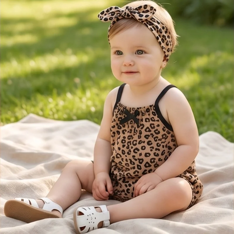 3M-3T Sommer-Baby-Body für Mädchen, niedlicher schwarzer ärmelloser Strampler mit Leopardenmuster und Schleife, lässige Baumwoll-Kleinkindkleidung