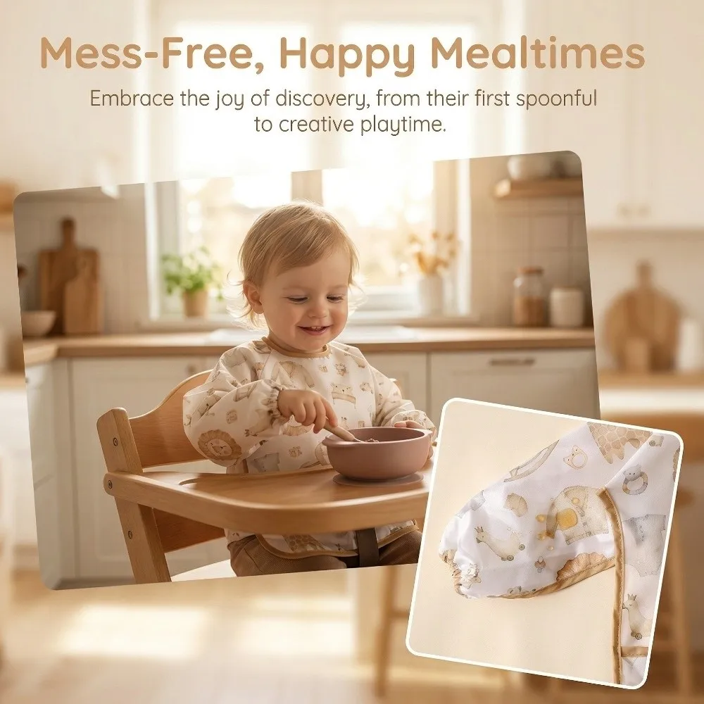 Washable Waterproof Baby Bibs Colorful Cartoon Printing Easy To Clean Feeding Apron Pocket Design Long Sleeve