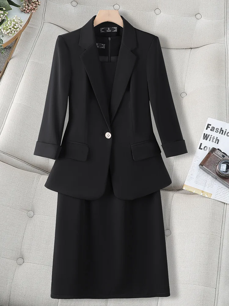 Neueste 2024 Frühling Professionelle Formale Frauen Anzüge mit Blazer Mantel und Kleid OL Stile Damen Büro Arbeitskleidung Set