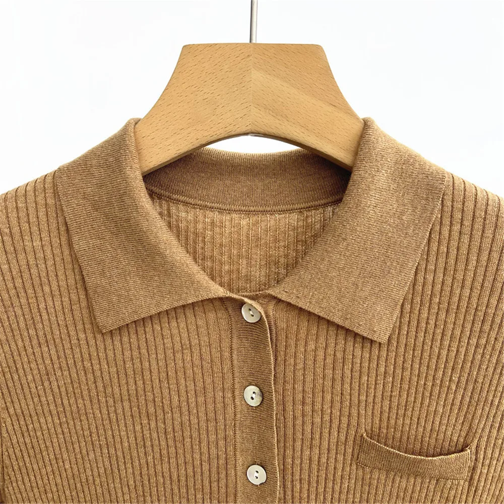 Damen-Sommerpullover mit POLO-Kragen, Taschendekoration, schmale Passform, elastischer Baumwoll-Seidenstrick, kurze Ärmel