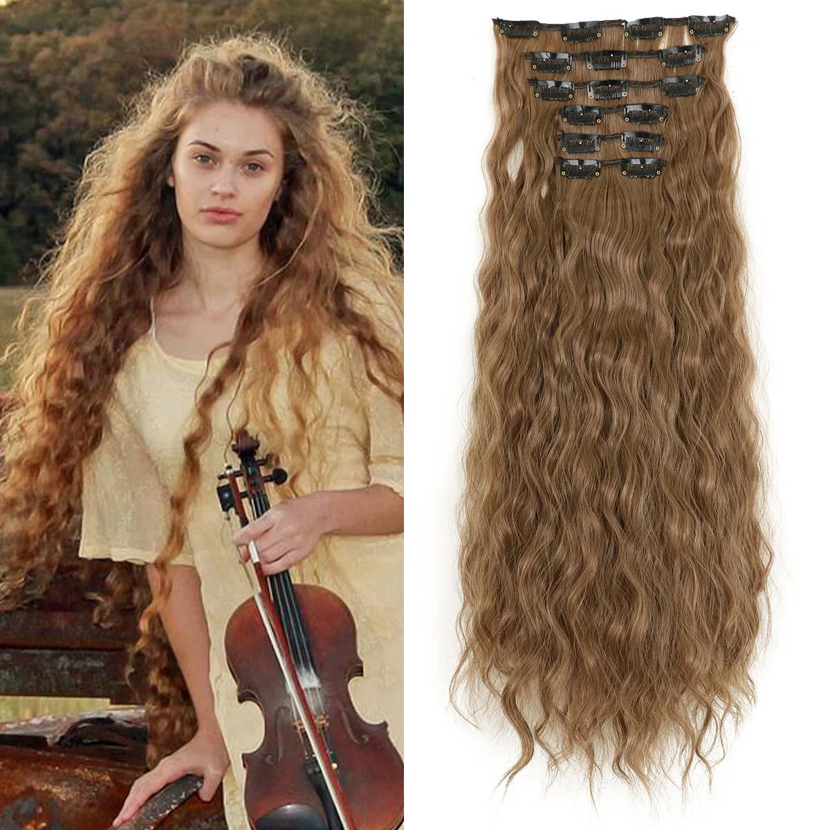 Synthetic Hair Extensions 16Clips In 6PCS Set Curly 22inch Long Clip On Hairpiece Corn Wavy Style For Women Girls Daily Party