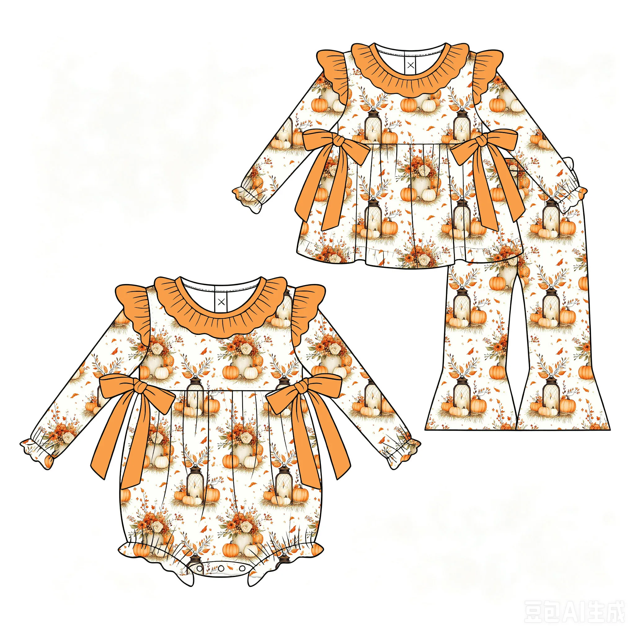 Girls' Thanksgiving Pumpkin Print Orange Ruffled Cuffs and Bow Long-Sleeve Top Paired with Flare Pants Boutique Set and Romper