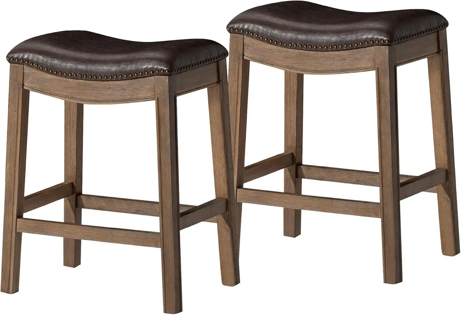 

Adrien Backless Counter Stool – Set of 2 – 26 Inches – Saddle Stool with Footrest – Brown Solid Wood Frame & Dark Brown F