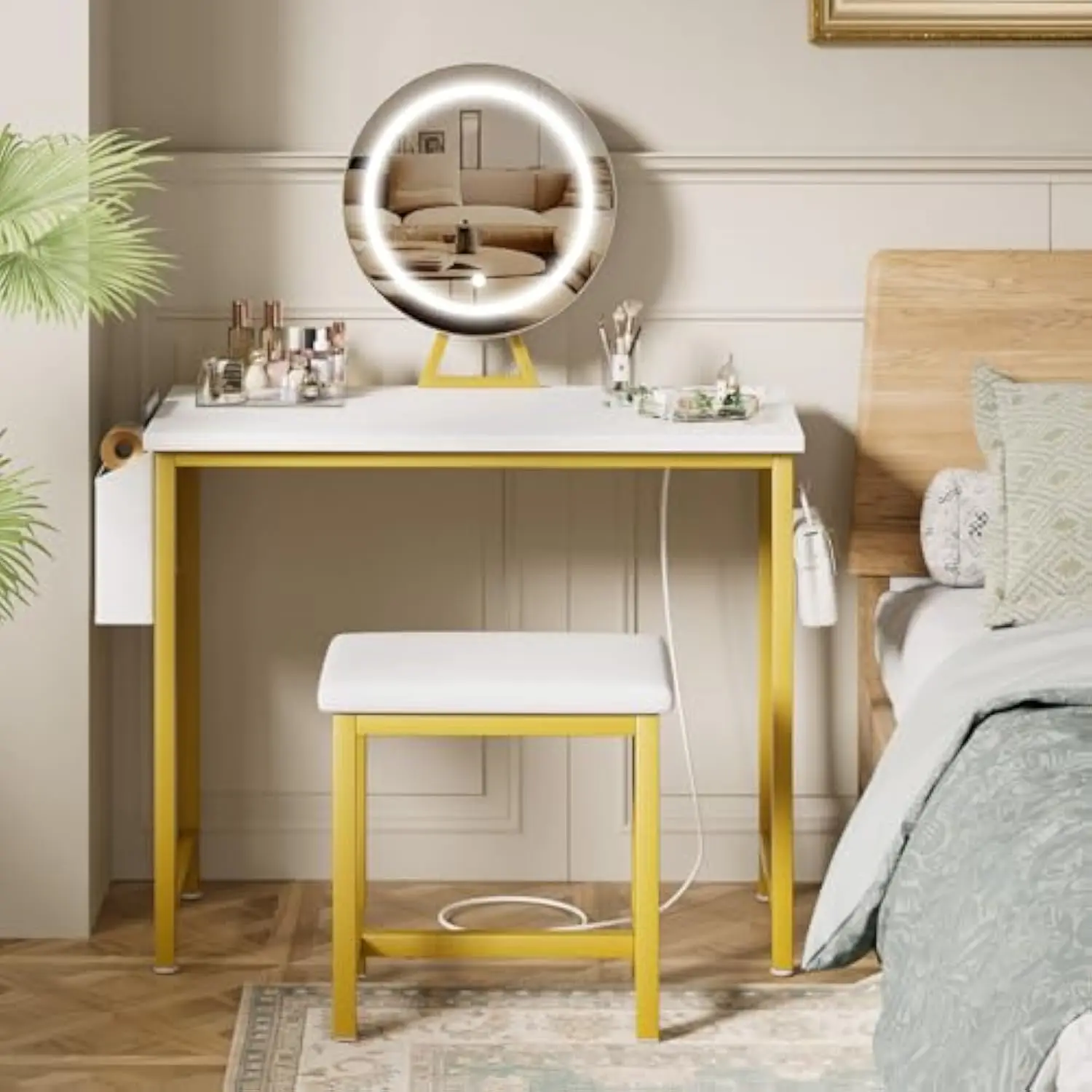 

Small Vanity Desk with Mirror and Lights - Makeup Mini Girls Vanity Set Table with Chair, Power Outlet, White and Gold Compact