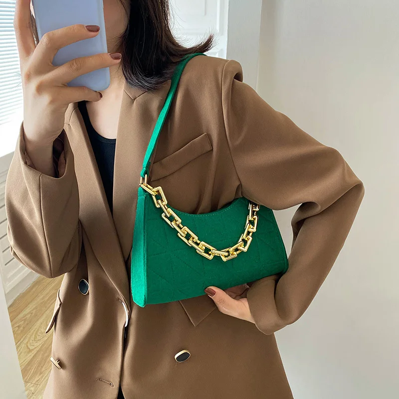 Trendy Pu Leather Handbag Chic Chain Crossbody Bag Women Chain Shoulder Bag Casual Female Pouch Fashion Felt Leather Handbag