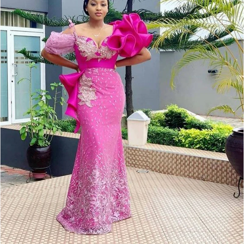 

2024 Mermaid Ruffles Flowers Appliques Beads Sequins Lace Prom Dress Fuchisa Robe Plus Size Evening Dresess Aso Ebi Party Gowns