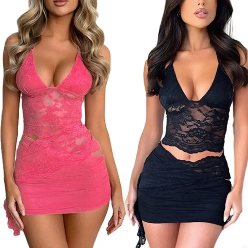 40GC Women Halter Cami Top and Ruched Mini Skirt Outfit Solid Color Sheer Lace Outfit