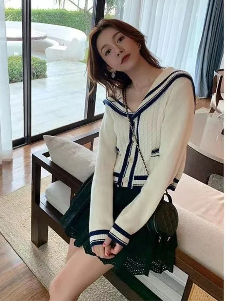 Small Fragrance Cardigan Sailor Collar Long Sleeve Striped Contrast Color Pockets Sweaters Casual Loose All Match Women Clothing