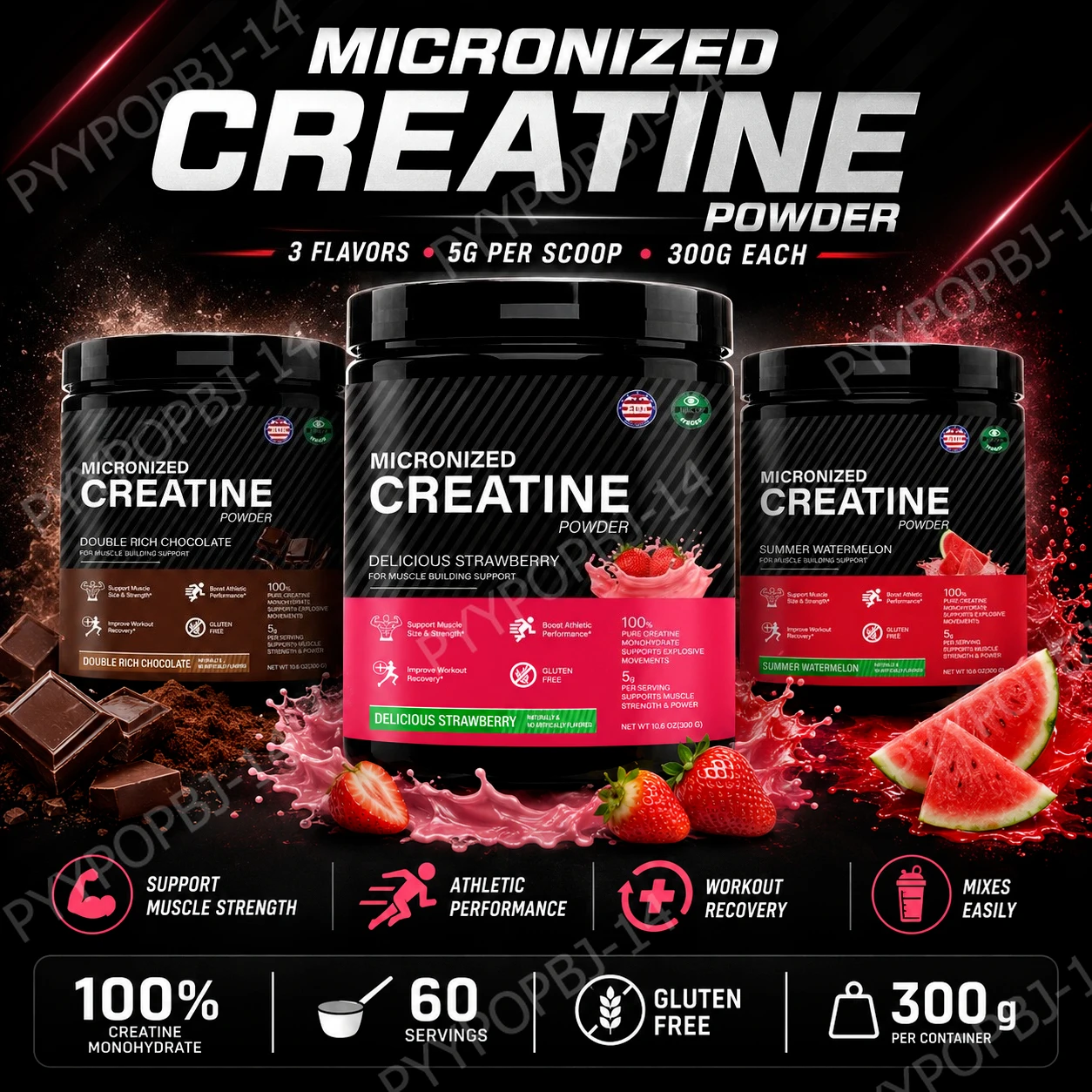 

Micronized Creatine Monohydrate Powder 5g Per Serving Supports Muscle Strength Workout Recovery 3 Flavor 60 Servings