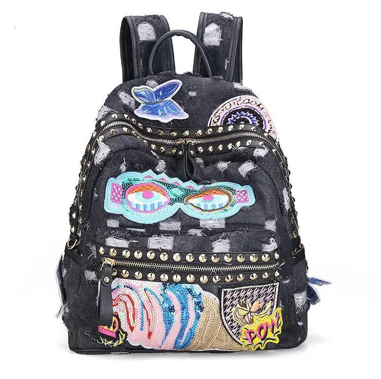 Rock Style Fashion Backpack For Women Denim Backpack Casual Travel Bags Vintage Demin Blue Bags Bolsa Large Travel Backpack