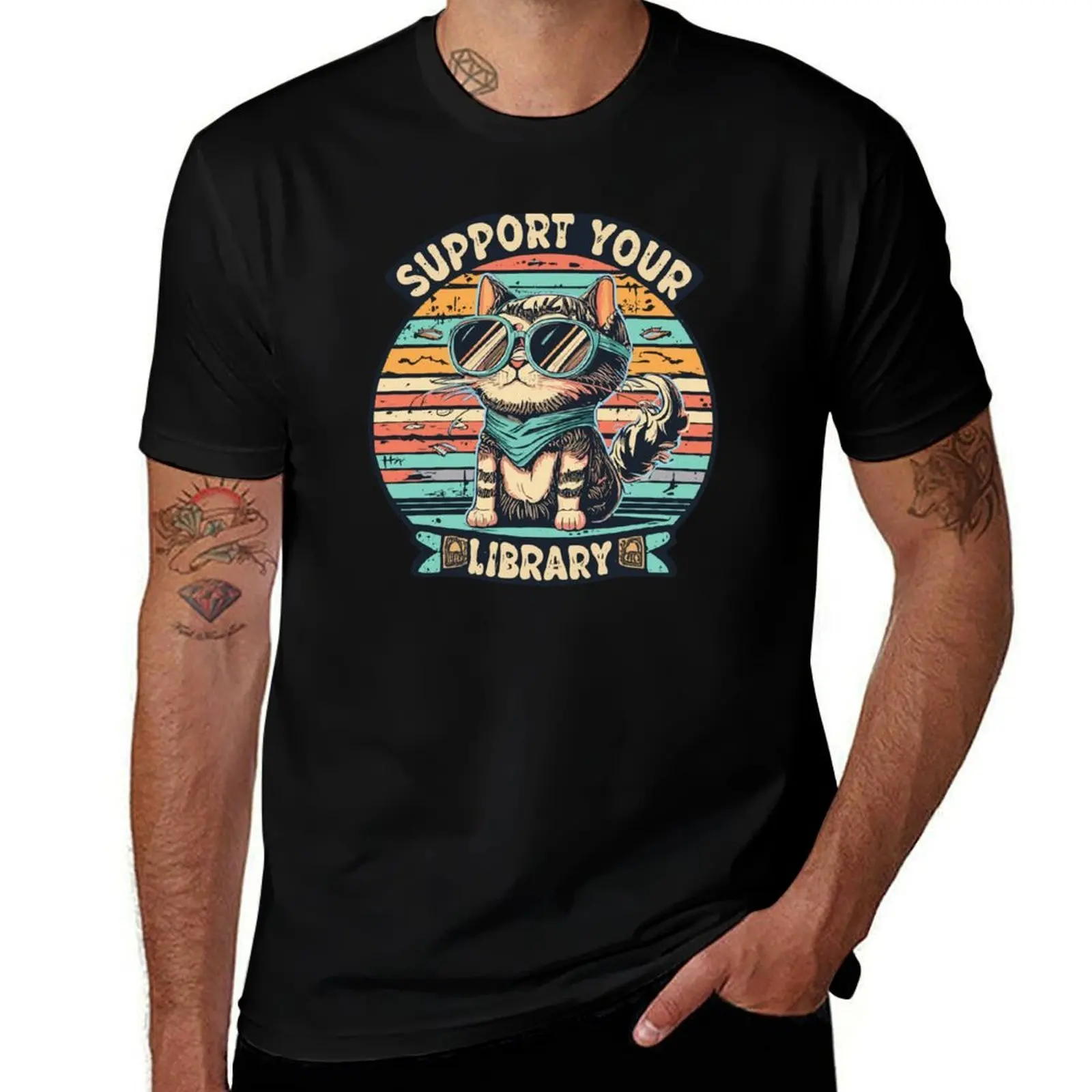 Support Your Local Library Reading Vintage retro sunset Cat Readers Books Lovers T-Shirt men t shirt cotton 100% T-Shirt