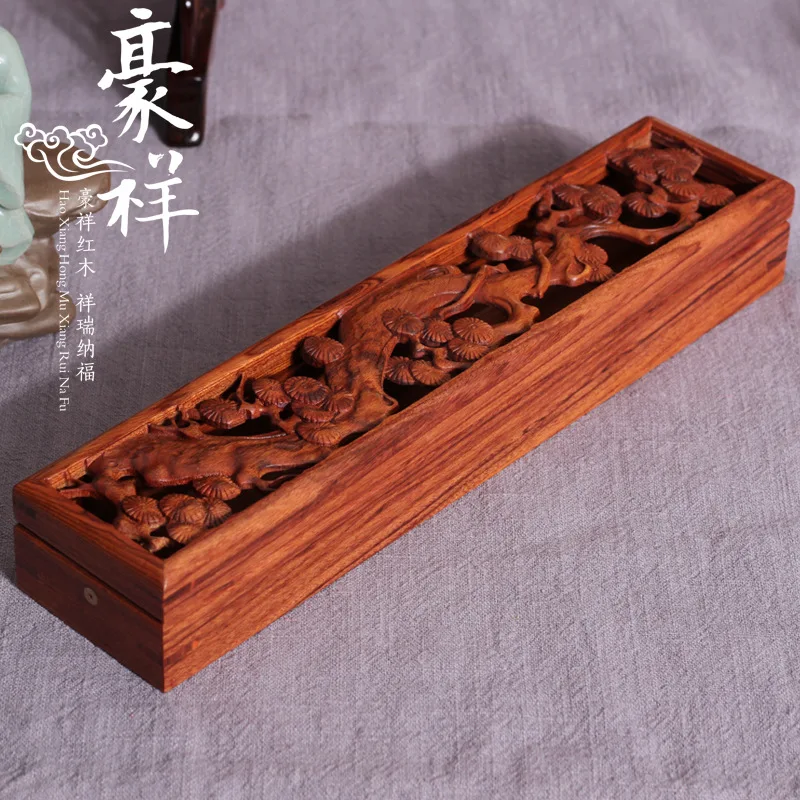 

Rosewood rectangular hollowed-out carved horizontal incense burner Red Guibao carved pine incense box