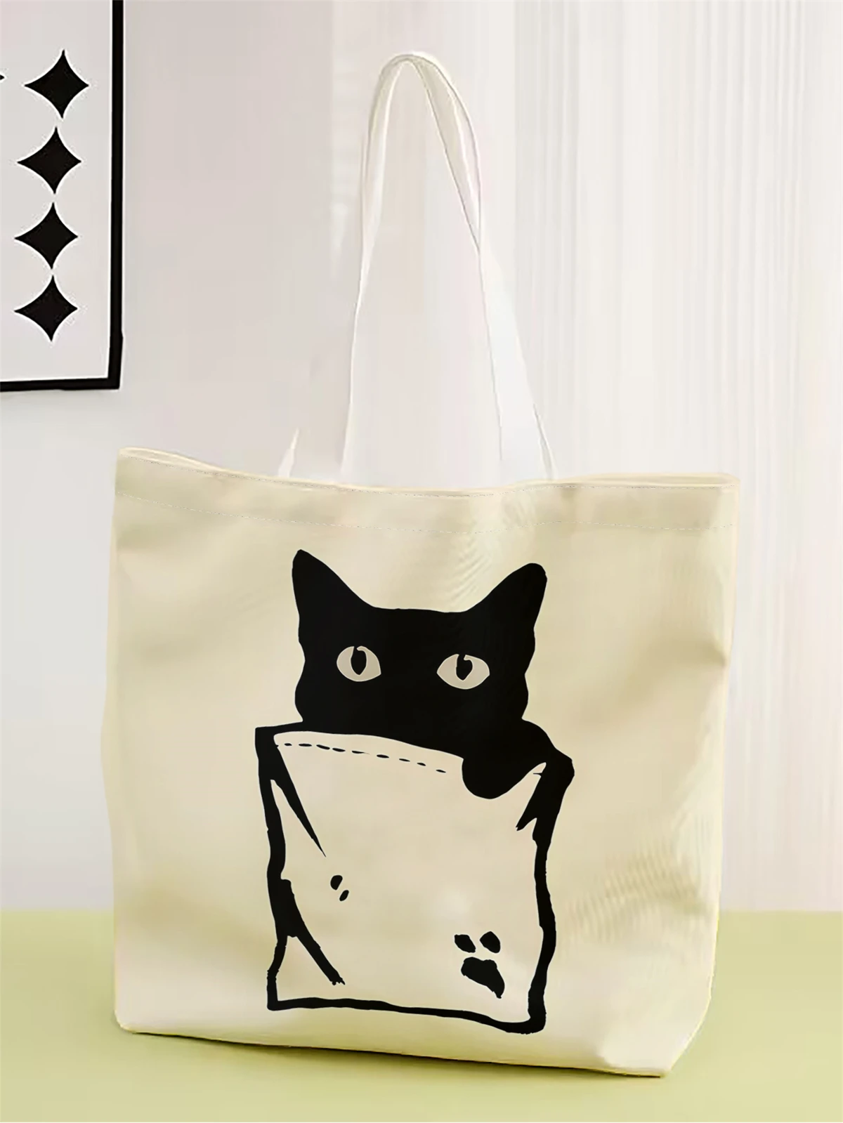 

1pc,small black cat handbag, reusable fashionable handbag, multifunctional handbag, printed canvas shopping bag