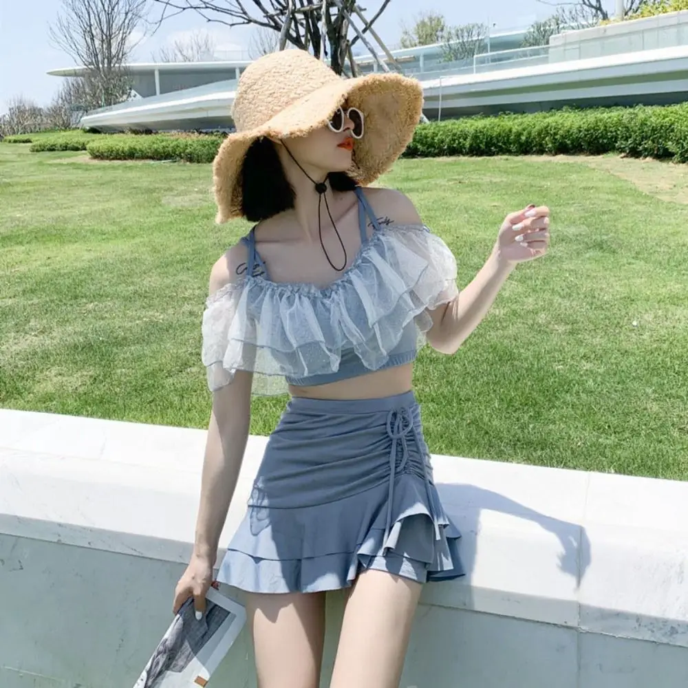 

Sweet Slim Fit A-line Skirt Swimsuit Puff Ruffle Beachwear Lace Ruffled Bathing Suit Off Shoulder Two Pieces Set Swimwear Beach
