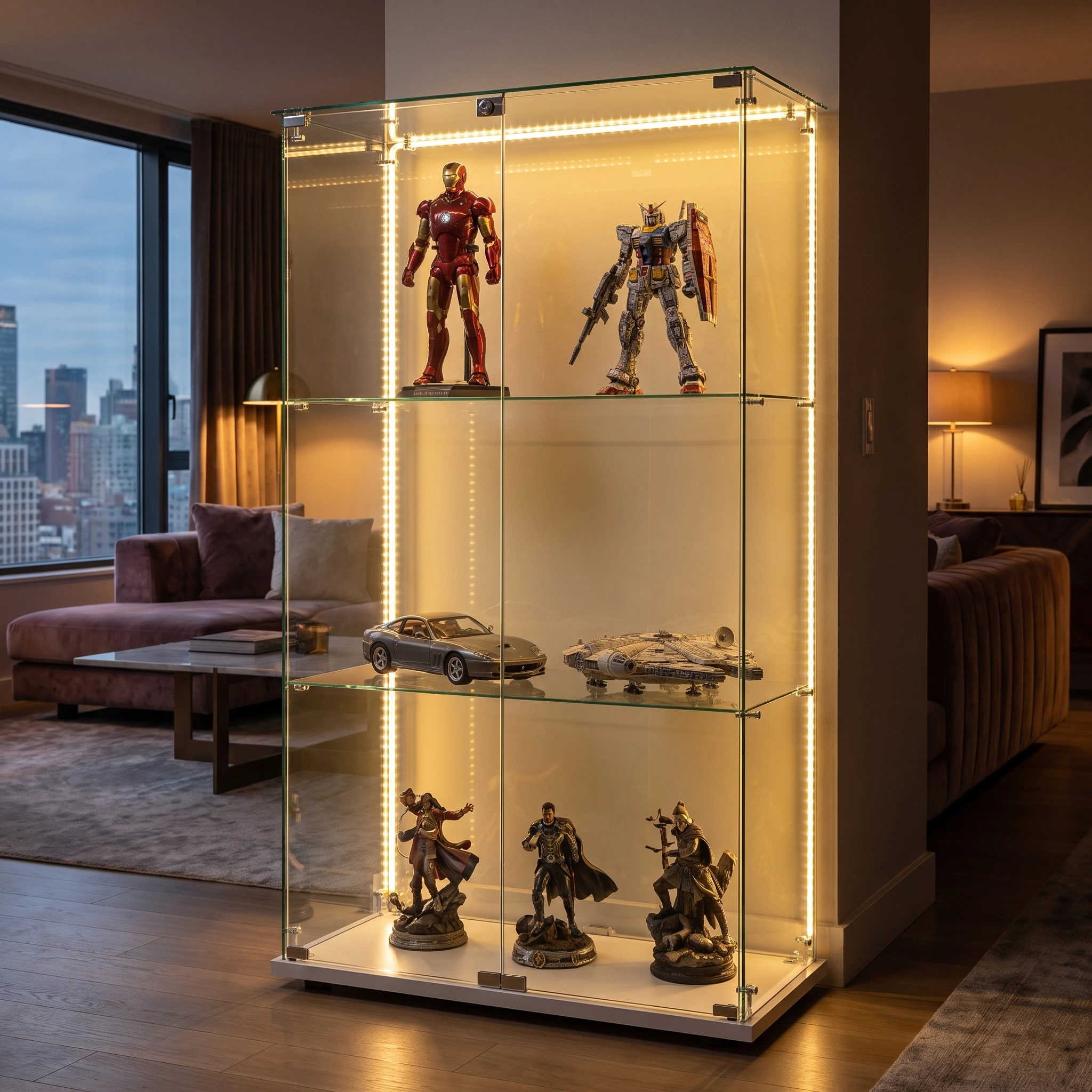 Vitrine à 3 niveaux Comanlai avec éclairage LED, vitrine haute transparente pour figurines, trophées, livres
