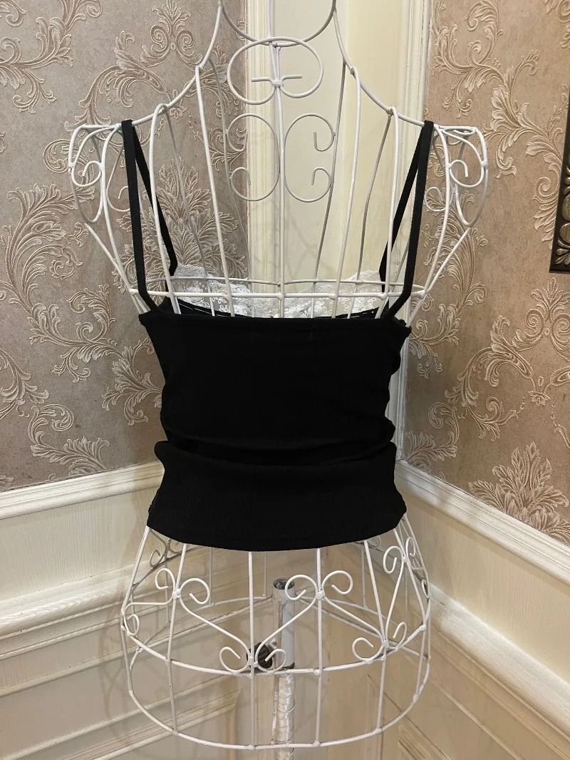 새로운 일본 로맨틱 발레 스타일 귀여운 스위트 슬링 보우 펄 레이스 트림 슬림핏 크롭탑 (가슴 패드 포함) 여성용 캐미솔