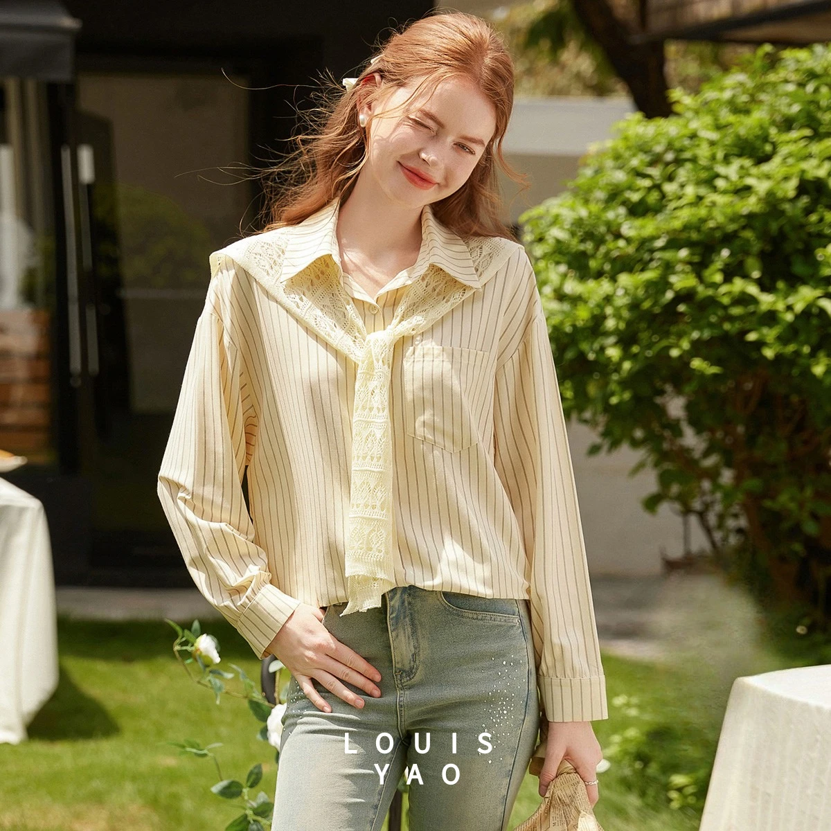 

LOUISYAO Removable Shawl Collar Striped Women's Shirt 2025 Autumn Commuter Blouses Single-Breasted Long-Sleeve Shirt