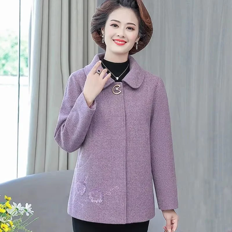 Spring Autumn Ladies Embroidery Woollen Overcoat Middle Aged Mother Large Size Wool Blend Jacket Women Long Sleeves Woolen Coat