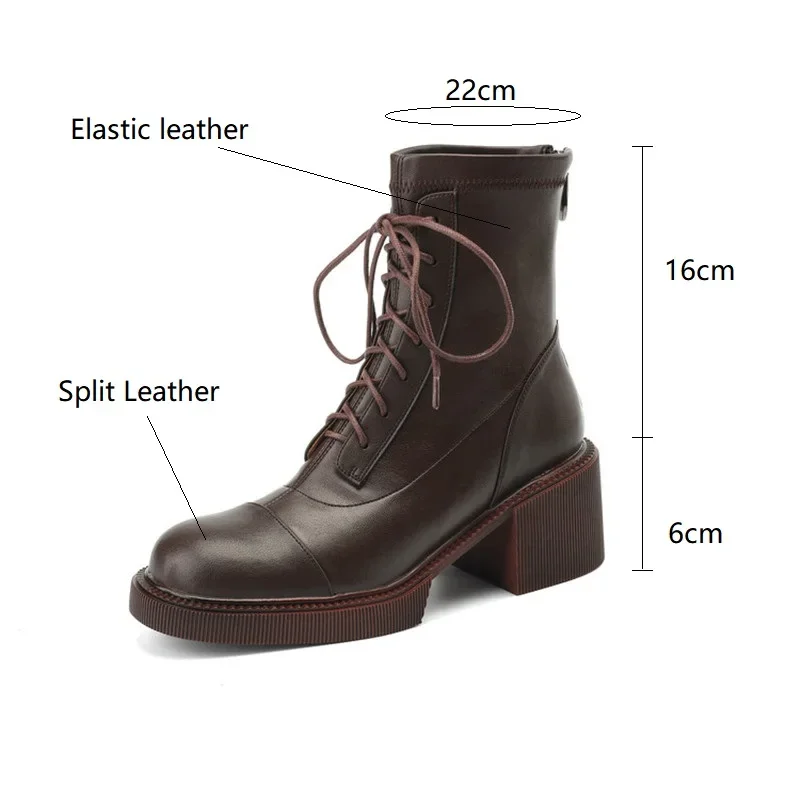 2023 Autumn Winter Split Leather Women Boots Round Toe Lace Up Short Boots for Women Chunky Heels Boots Zapatos Mujer High Heels