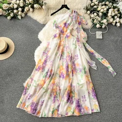 JAMERARY Summer Holiday Floral Maxi Chiffon Dress Women One Shoulder Sexy Print A Line Pleated Elastic Waist Long Vestidos