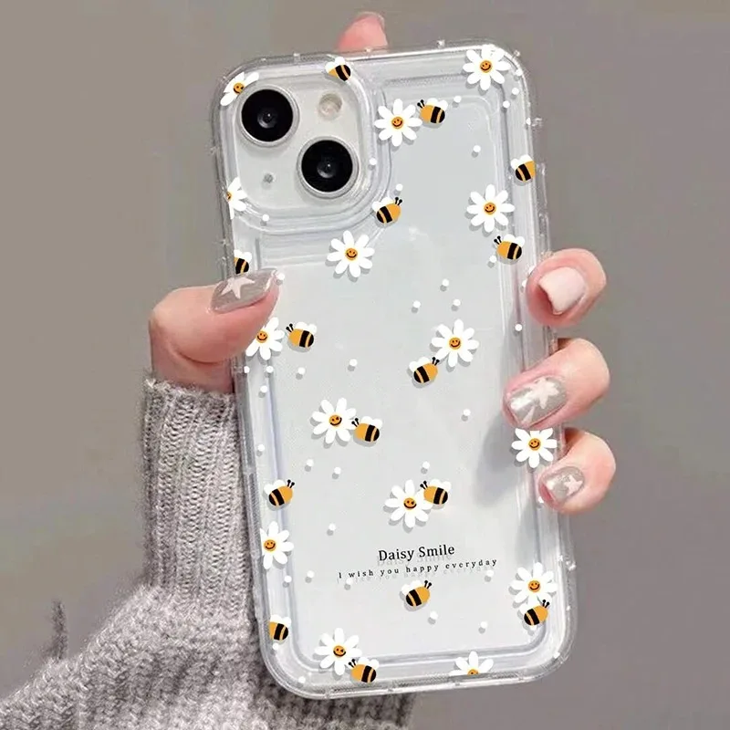 Для iPhone 16 15 14 13 12 11 Pro XS MAX XR 16E 7 8 Plus SE 2020 2022 Air Case Летние прозрачные чехлы с цветочным принтом и медоносными пчелами
