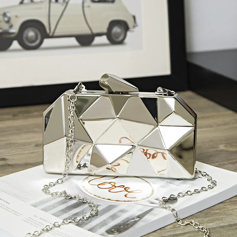

Metal Chain Shoulder Handbags Party Wedding Dinner Banquet Evening Bags Silver Clutch Box Fashion Purse