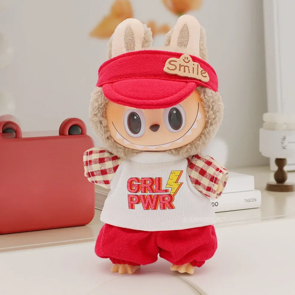 Roupas de boneca para 15/17cm labubu boneca de pelúcia menina vestido xadrez arco acessório de cabelo menino pato bill boné camiseta conjunto boneca casal conjunto