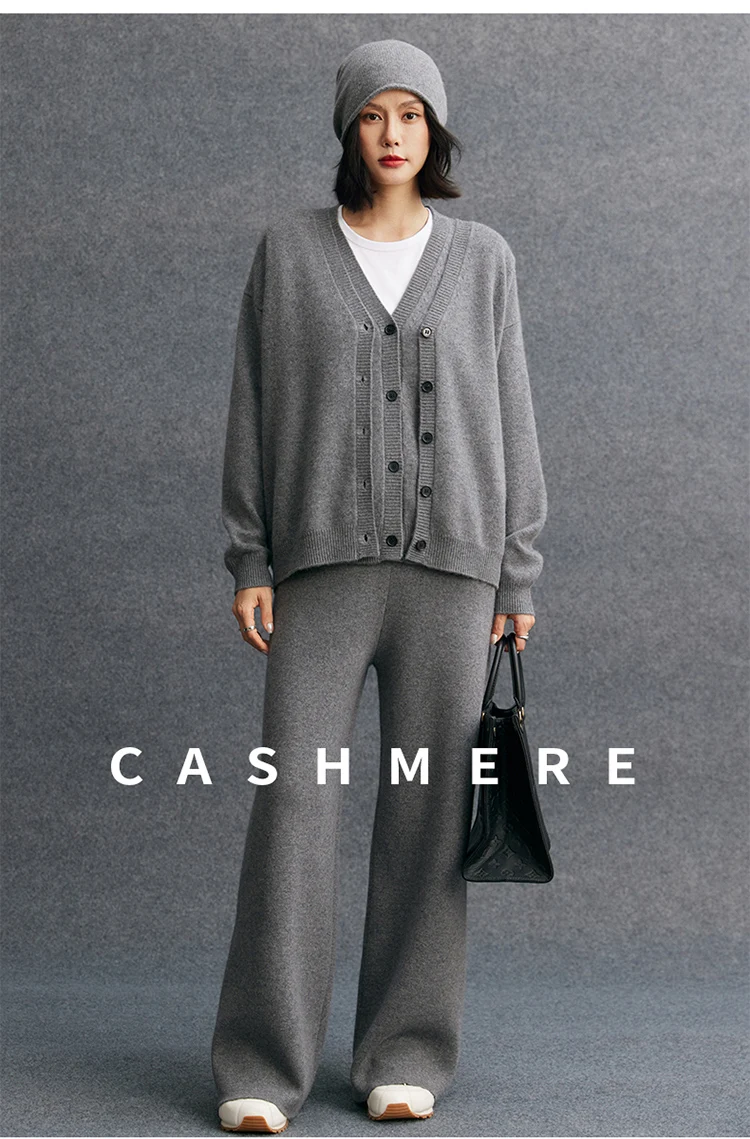 

CHICUU осенне-зимний женский кардиган из 100% кашемира, широкие брюки, жилет, комплект, толстый кашемировый трикотаж, свитер, костюм