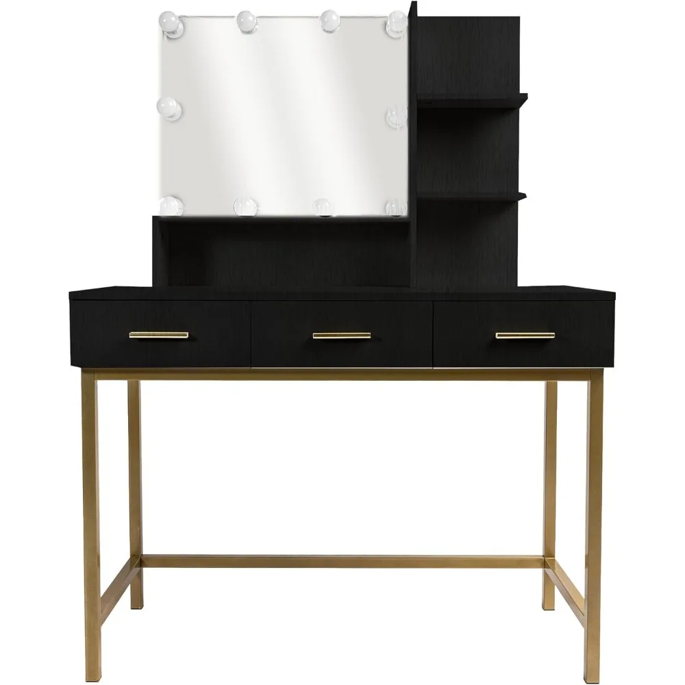 Makeup Vanity Set Drawers,  Mirror, LED Lights, Modes of Adjustment Lightweight Cushioned Stool, Ebony Black Champagne Gold Base