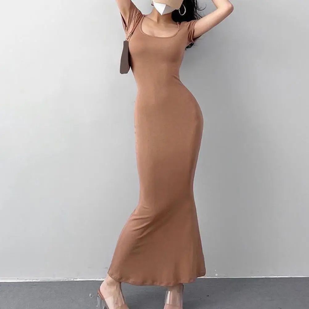 

Women Slim-fitting Dress Elegant Women's Square Neck Maxi Dress with Fishtail Hem for Daily Party Wear Slim Fit Solid Color