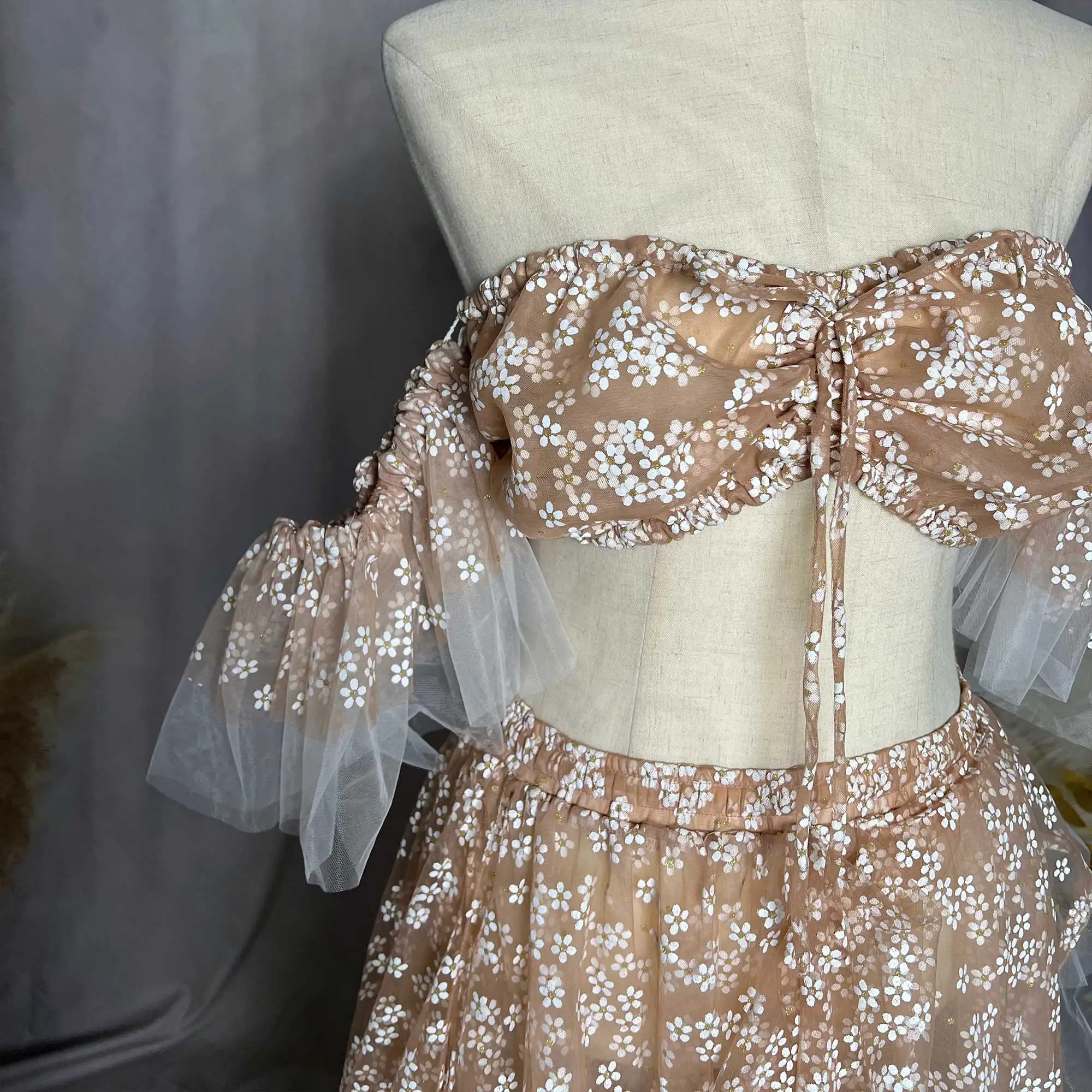 Robe de douche de bébé pour femme enceinte, vêtements élégants en tulle imprimé, épaules dénudées, ensemble deux pièces, photo, nouveau, 2024