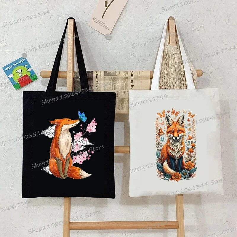 Sakura Fox Print Handbags Women Butterfly Wild Flower Shopper Shopping Bag Anime Animal Fox Reusable Fashion Trend Shoulder Bags