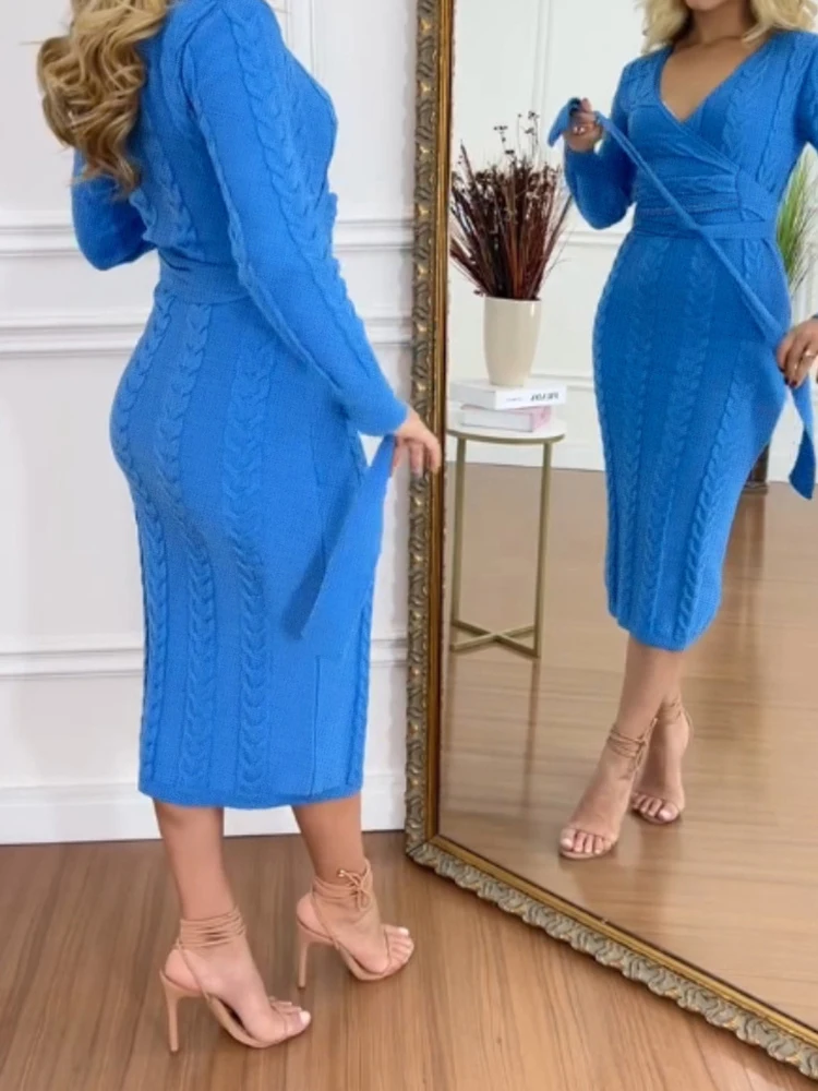 

Женское трикотажное платье миди с высокой талией, модное, с V-образным вырезом, однотонное, осенне-зимнее, новое, с длинным рукавом, облегающее, с эффектом утяжки бедер