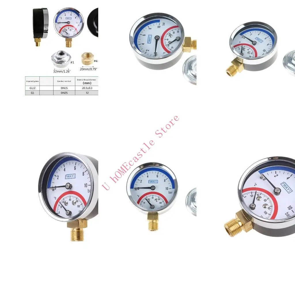 63HF 10 BAR Lower Entry 120℃ Temperature Pressure Gauge Thermo-manometer G1/G1/2