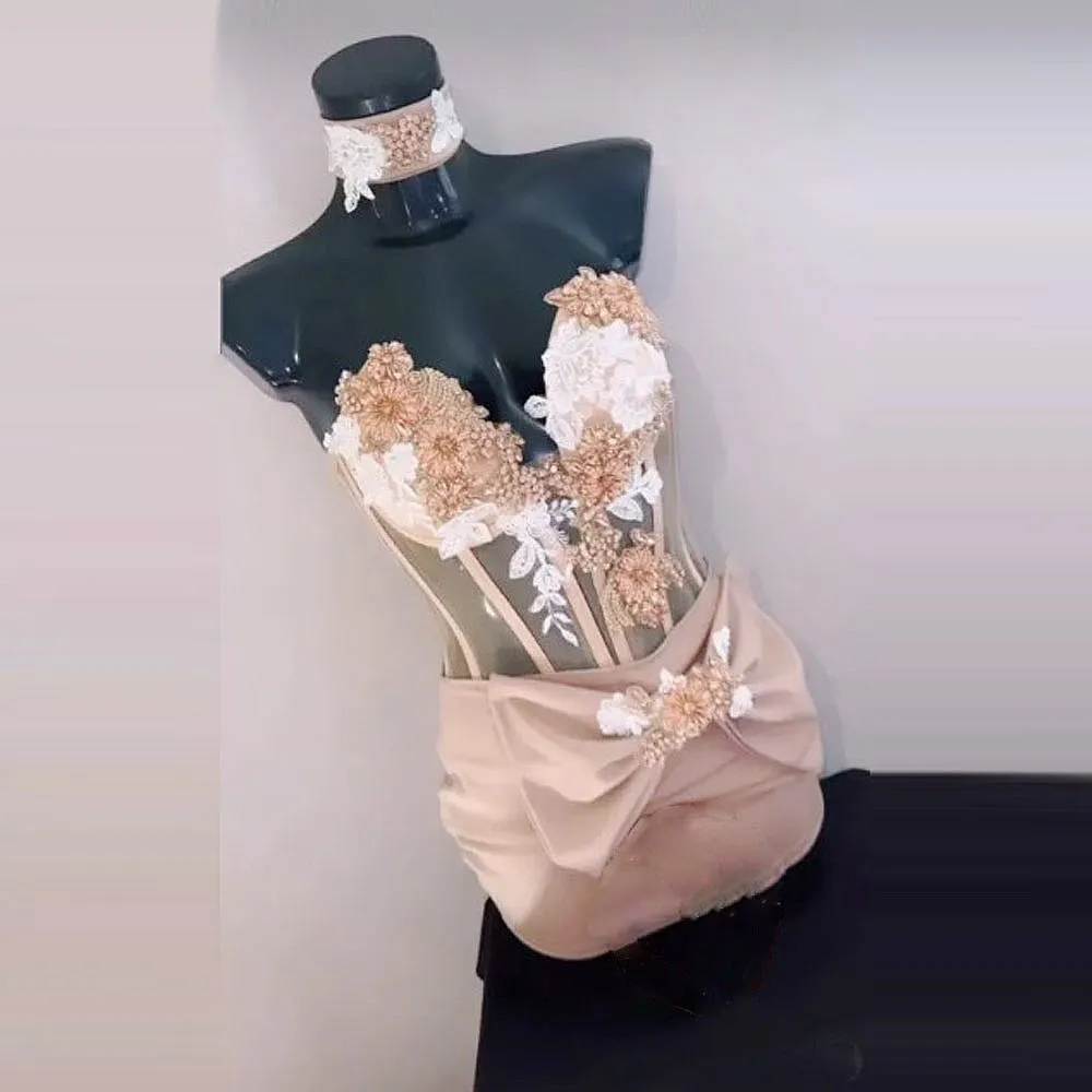 Sexy Short Cocktail Dresses With Flowers Appliques Beads Sequins Mini Birthday Party Gowns Exposed Boning Bow Mermaid Prom Dress