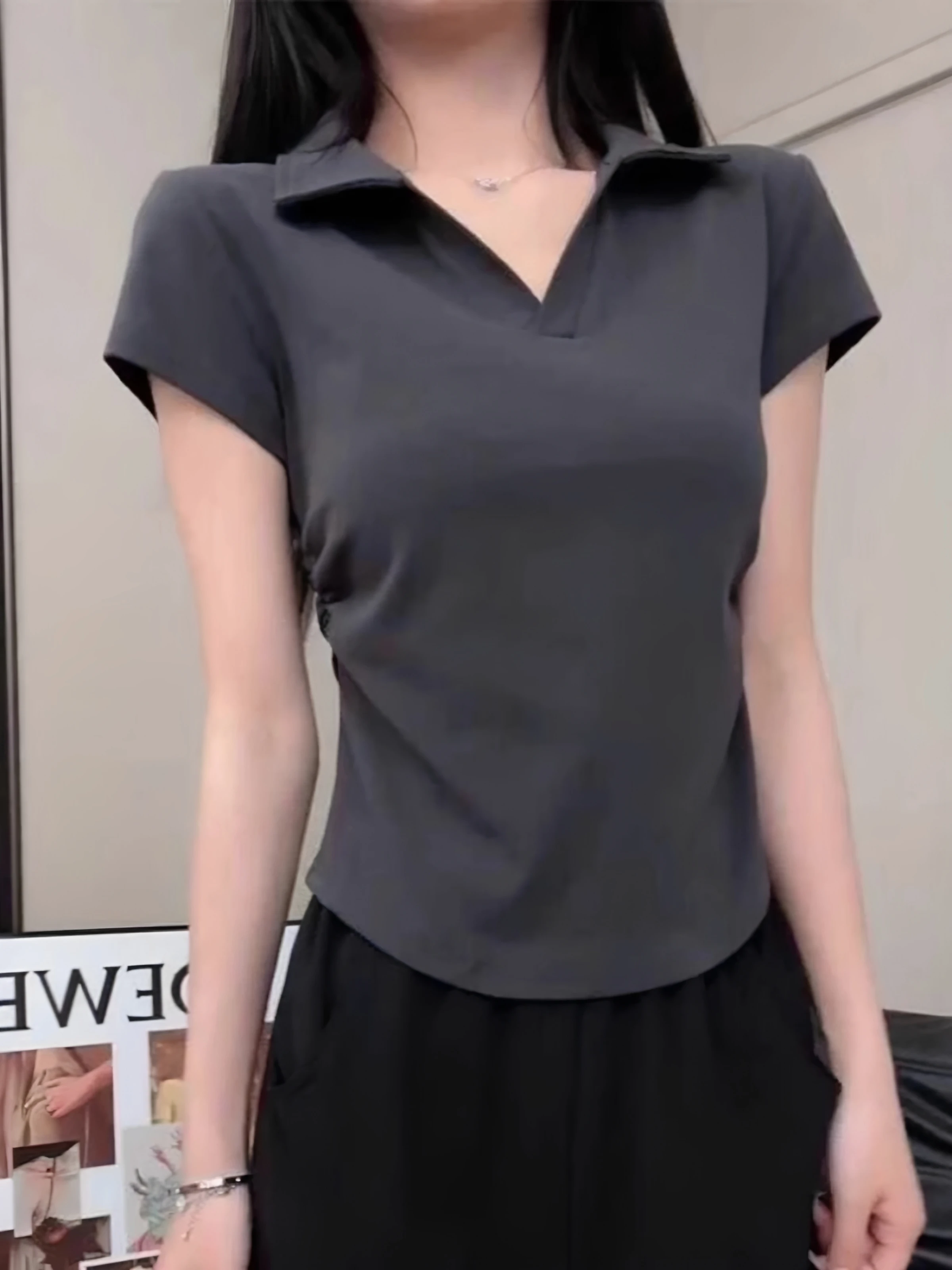 Summer Women's  Neck Short Sleeve T-Shirt 95 Cotton Slimming Design Wrinkled Slim Fit Top Trendy Casual Comfortable