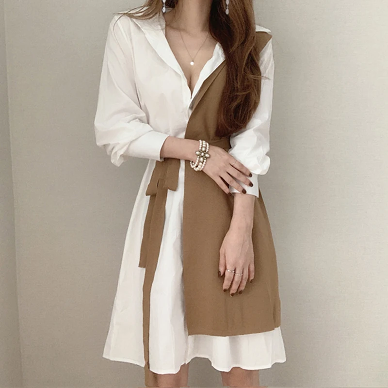 Koreańskie modne sukienki 2025 Odzież damska Elegancka i szykowna sukienka Color Block Design Sukienka z paskiem Patchwork Casual Shirt Dress