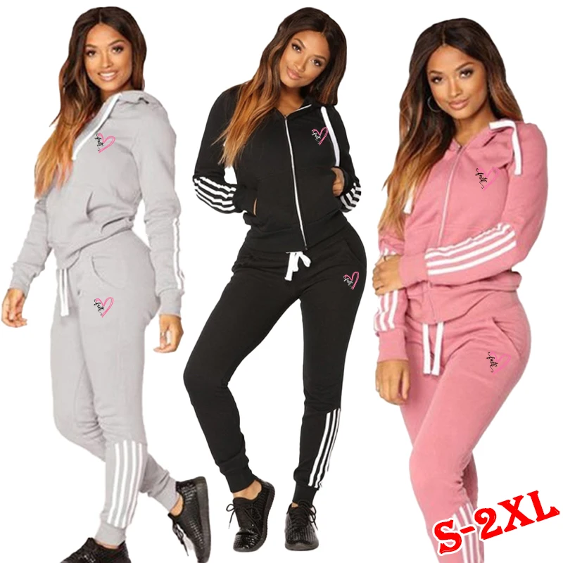 Summer women\'s full zip hoodie+sports pants two-piece set of sportswear printed hooded jogging sportswear two-piece set