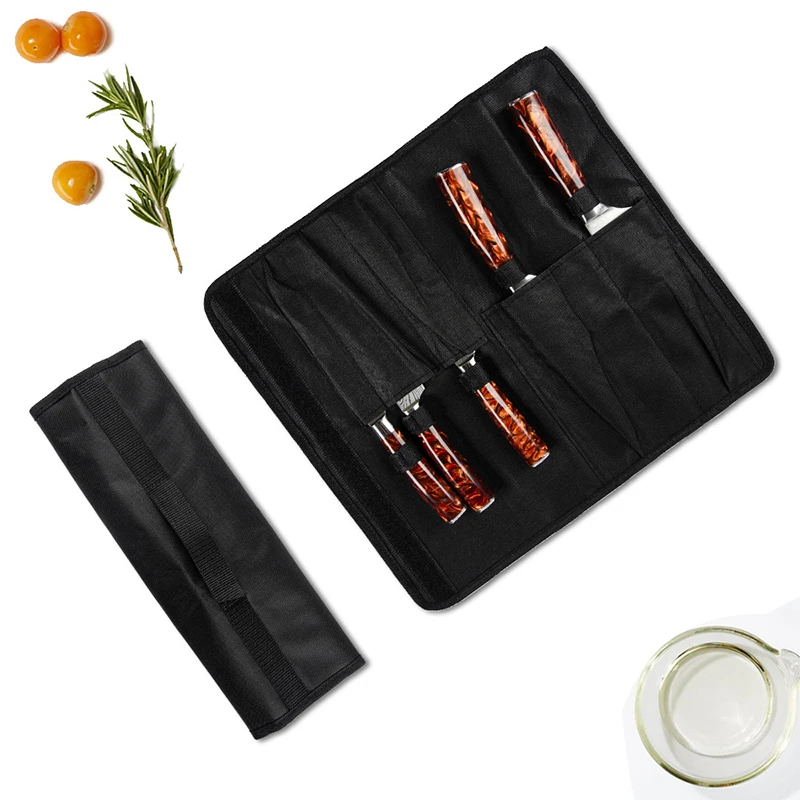 Black Chef Knife Roll Bag 5 Pockets Carry Case Portable Oxford Kitchen Cooking Knives Storage Bags Durable Knife Carrying Punch