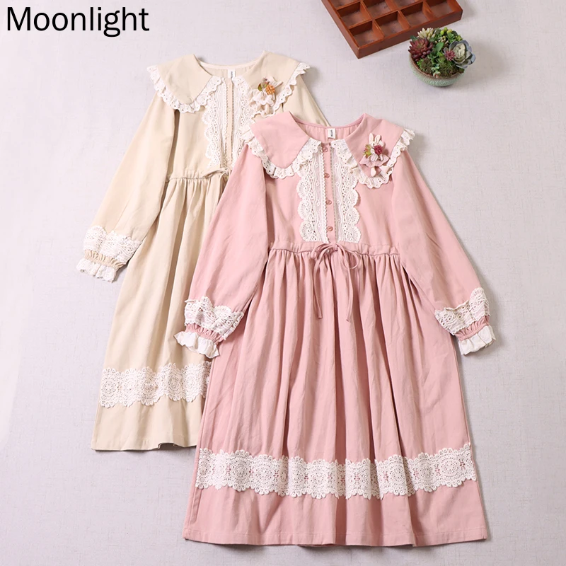 Sweet Peter Pan Collar Dresses For Women Japanese Mori Girl Lace Spliced Long Sleeve Dress Korean Fashion Loose Female Vestidos