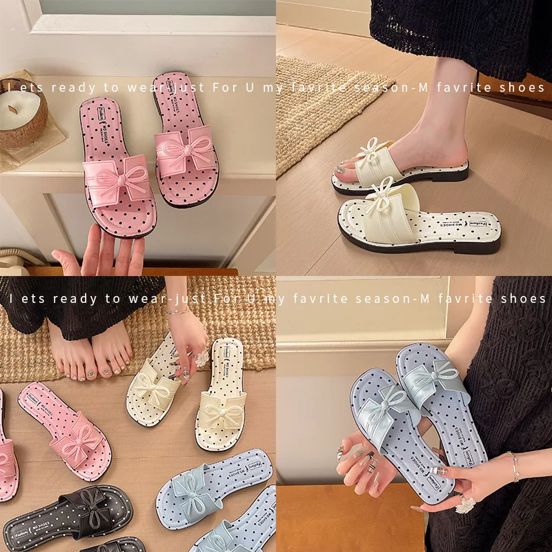 Damen Sommer Neuheit: Stylische Pantoletten mit Schleife, niedrigem Blockabsatz, Polka Dots und offener, eckiger Zehenpartie – Detail 11