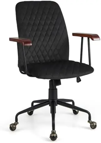 

Velvet Office Chair, Upholstered Home Leisure Chair with Rubber Wood Armrests & 5-Claw Metal Base, Vintage Mid-Back Computer