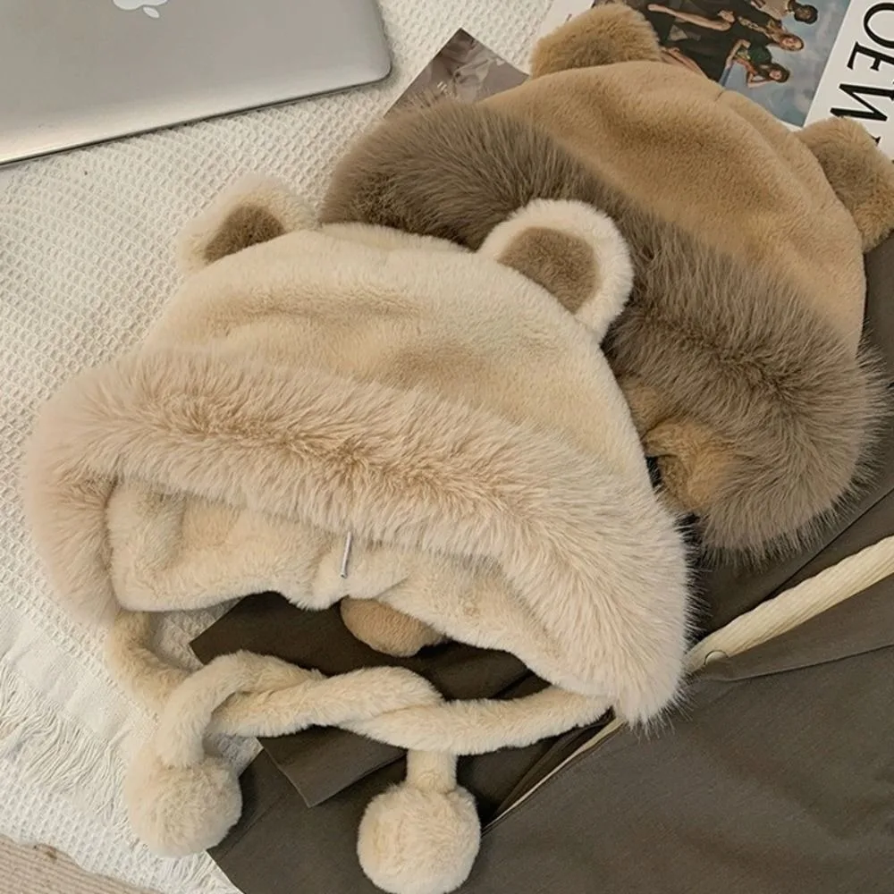 Topi Musim Dingin Hangat Lucu dengan Tali, Topi Wol dengan Telinga Beruang, Topi Ember Pelindung Telinga Beludru untuk Wanita