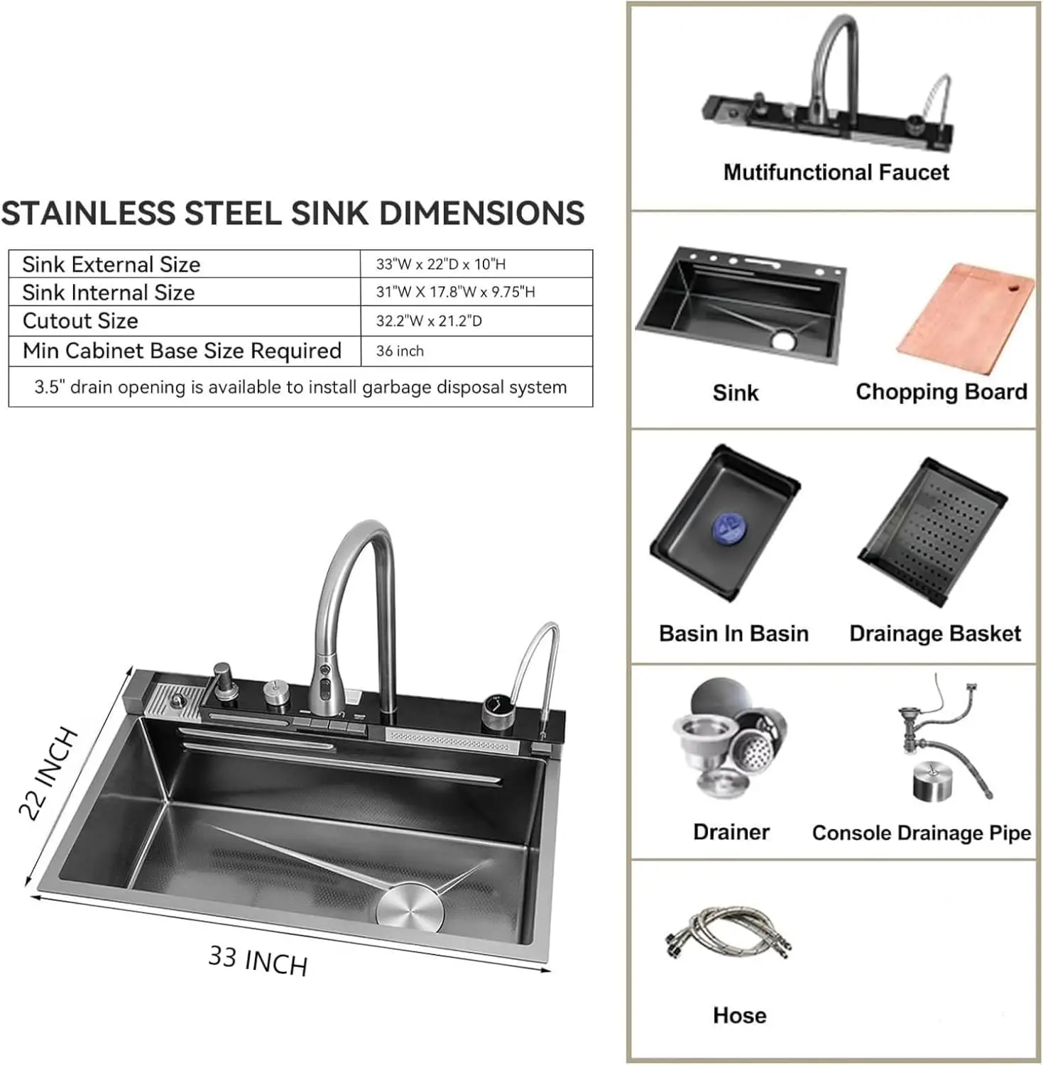 33x22 Inch Black Waterfall Workstation Kitchen Sink