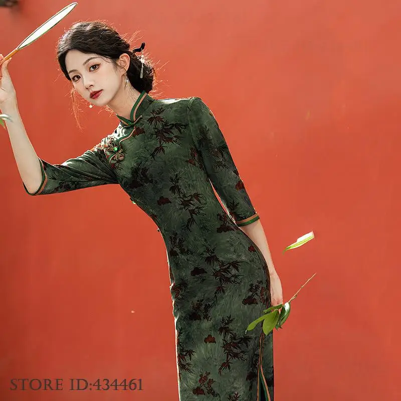 

Осеннее новое винтажное классическое женское китайское платье Cheongsam с короткими рукавами, традиционное Ципао с воротником-стойкой, сексуальное платье Vestidos De Festa